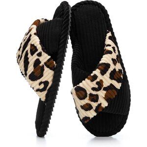 ⚡Women Corduroy Leopard Black Cotton Memory Foam Bedroom Corduroy Open Toe Shoes